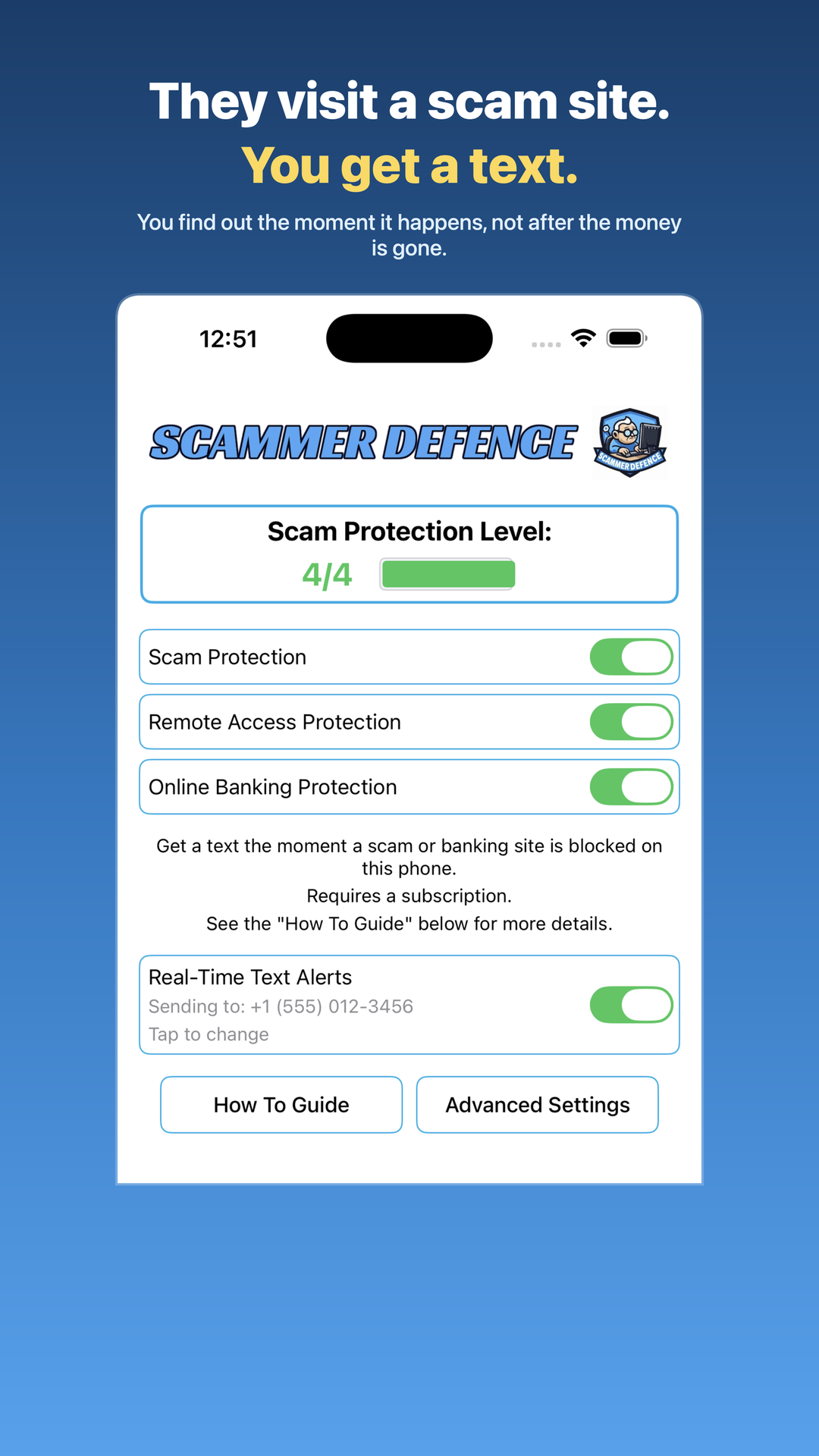 Scammer Defence main screen showing scam, remote access and banking protection switches