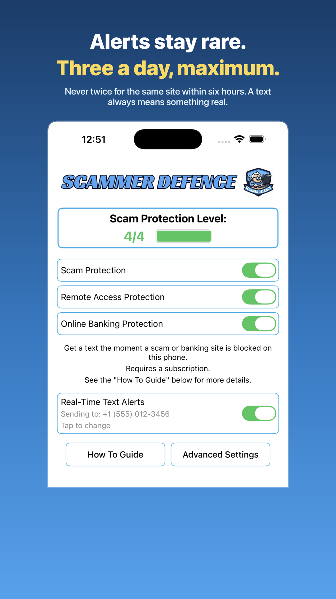 Scammer Defence alert limits, capped at three alerts per day