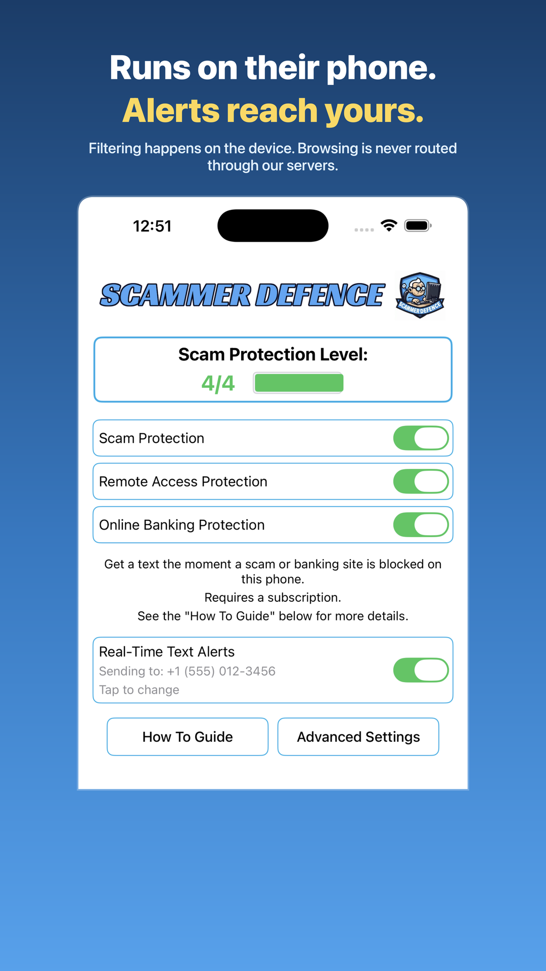Scammer Defence privacy: filtering runs locally on the device